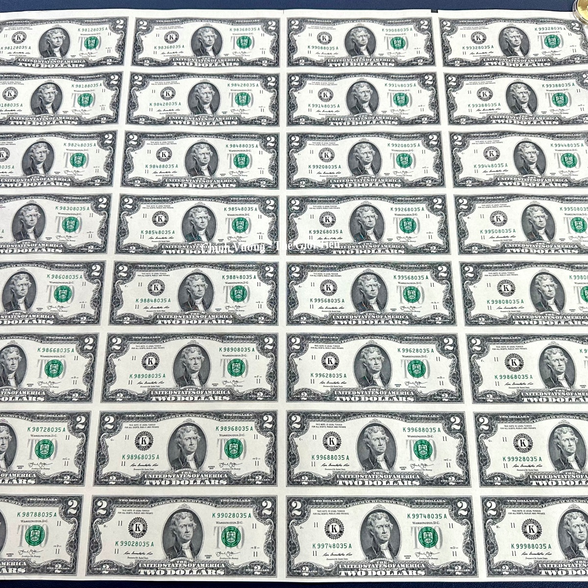 2 đô uncut, dính liền 16 tờ, 32 tờ